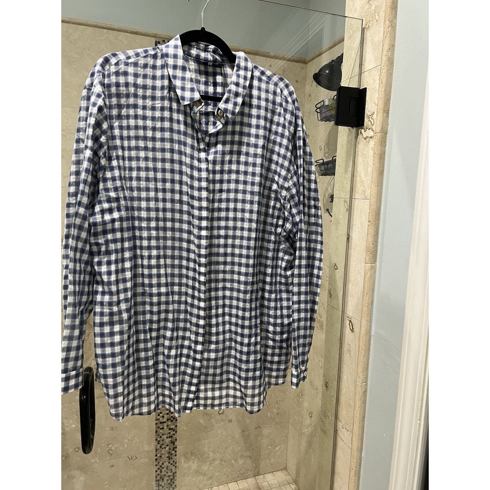 Lafayette 148 New York Blue Gingham Plaid Button Down Top XXL 2X